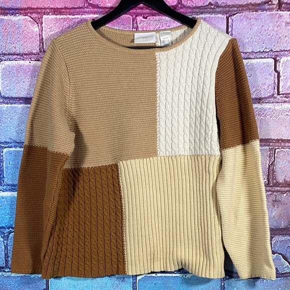 Liz Claiborne Women’s Patchwork Sweater Petite L Colorblock Knit Cotton Pullover - Picture 1 of 7